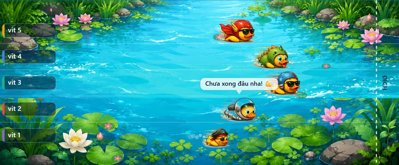 Giao diện cuộc đua vịt ngẫu nhiên: các con vịt hoạt hình bơi trên ao sen sông nước, có bong bóng hội thoại trêu nhau và vạch đích
